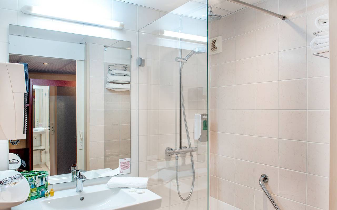 Salle de bain avec douche et baignoire, hôtel international lourdes – Hôtel la Solitude